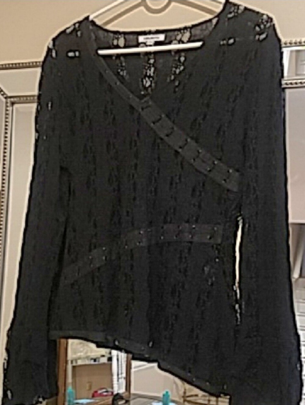 Terranostra Black Stretch Lace Laced Asymmetrical Long Sleeve Top